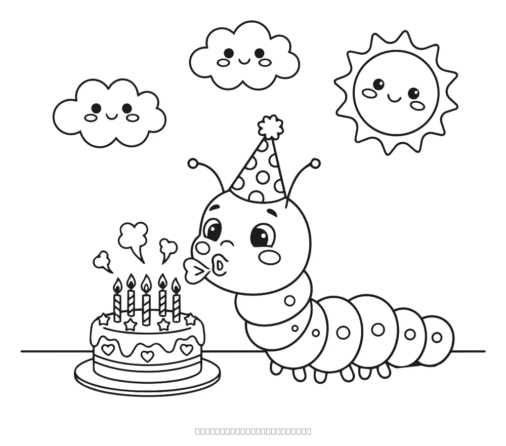 La chenille souffle les bougies — coloriage à imprimer