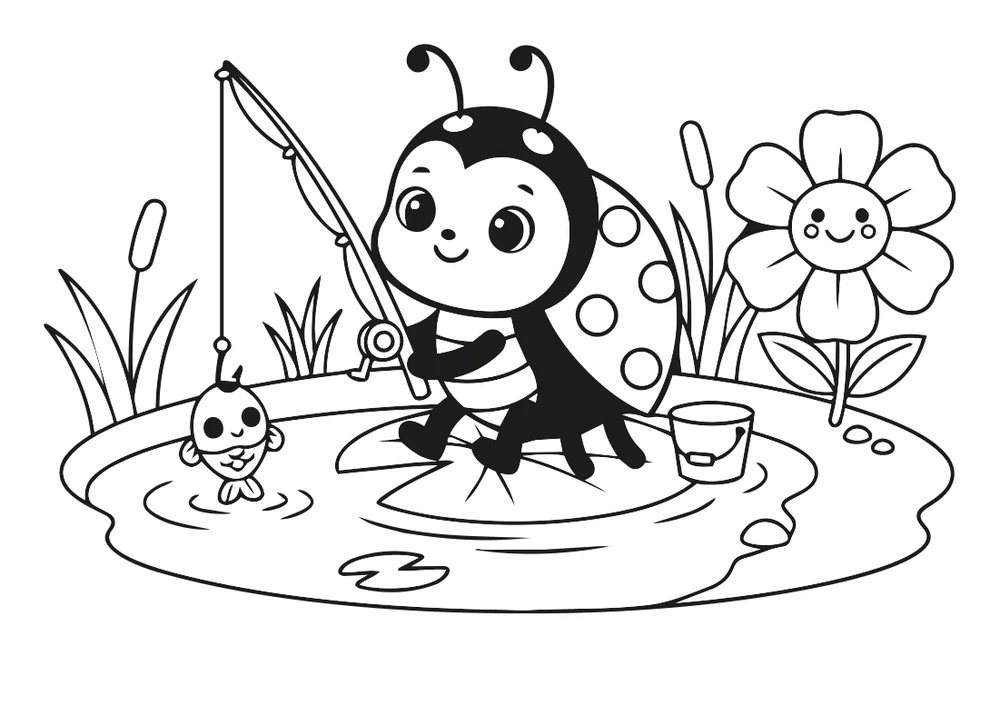 La coccinelle pêche — coloriage à imprimer
