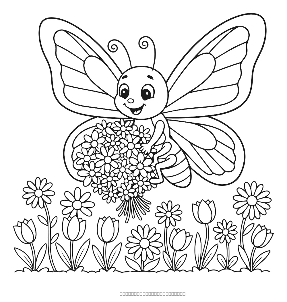 Le papillon cueille des fleurs — coloriage à imprimer