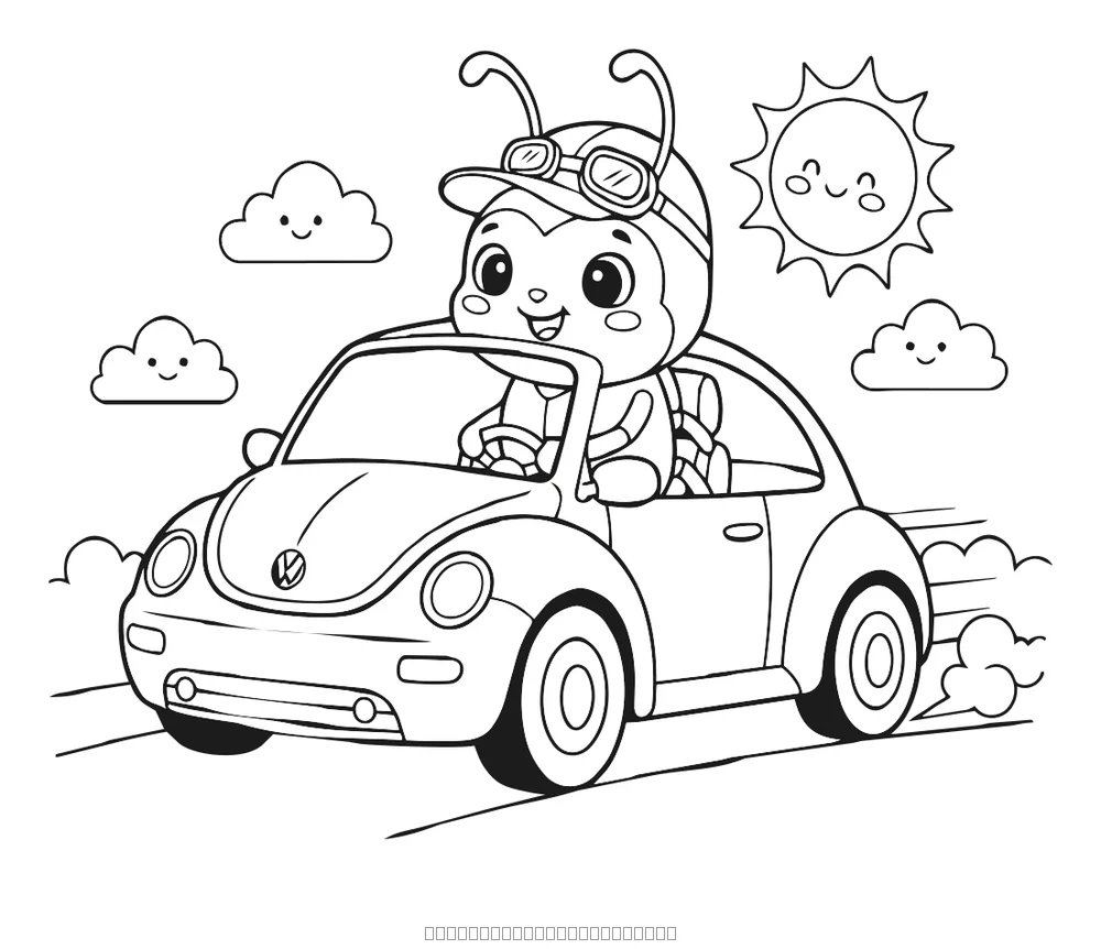 Le scarabée conduit la voiture — coloriage à imprimer