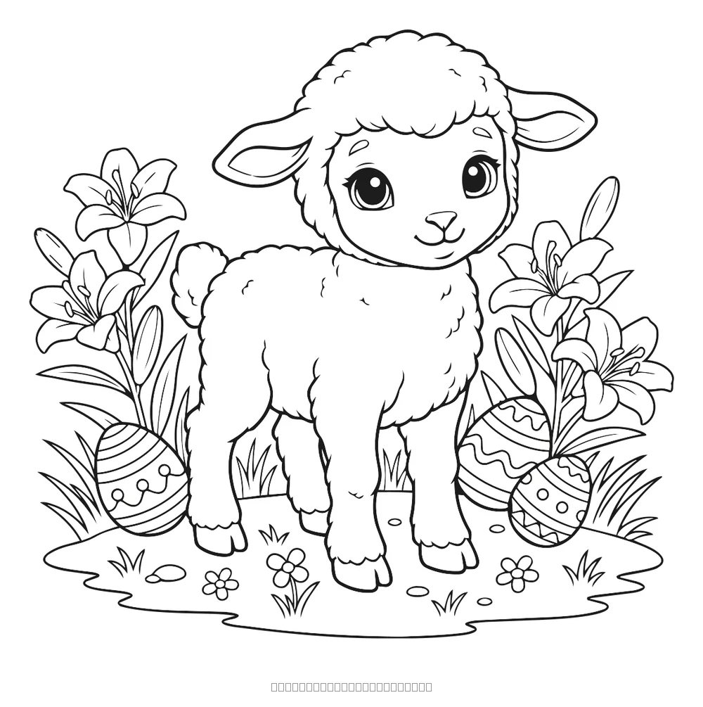 Easter lamb among flowers — printable coloring page