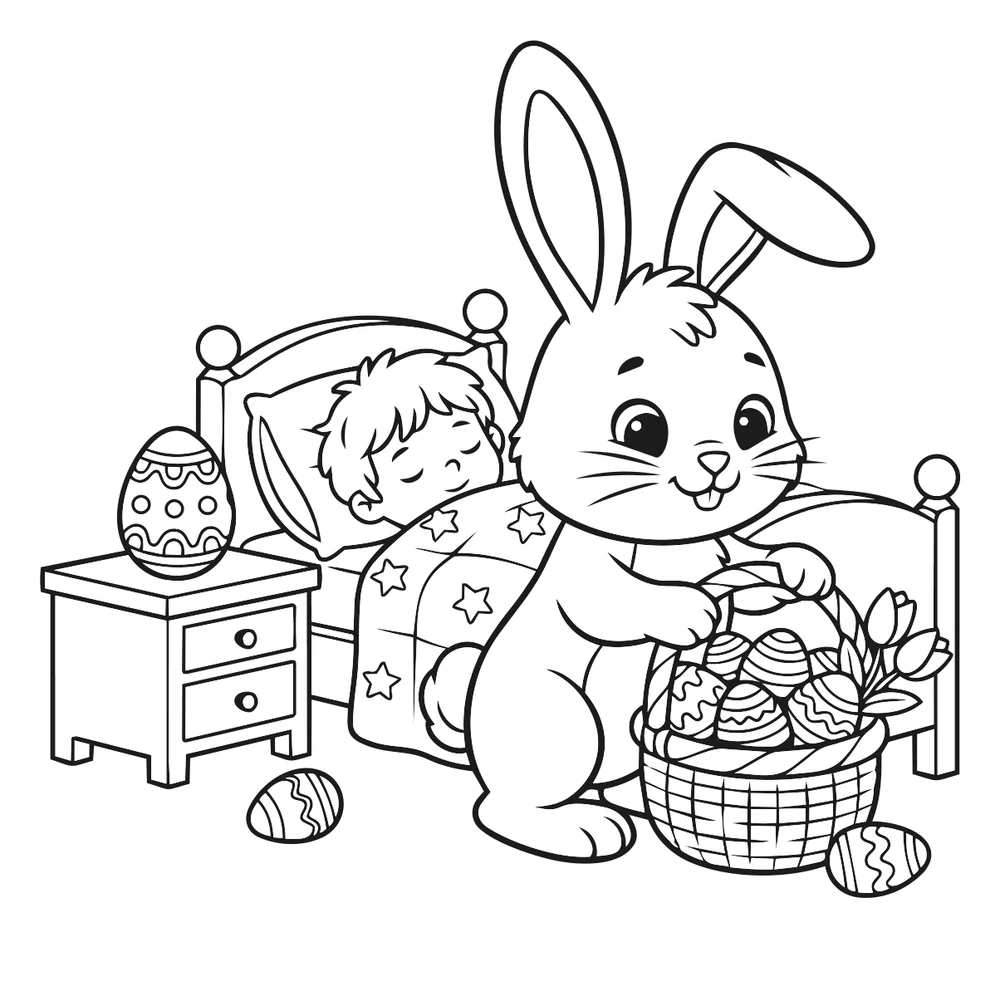 Easter bunny and the sleeping child — printable coloring page