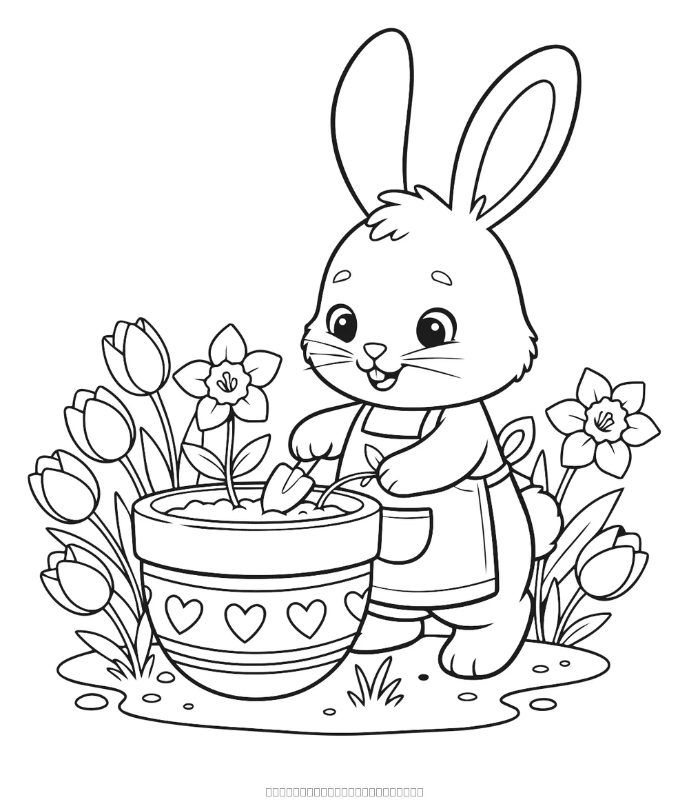 Coloriage lapin jardinier de printemps à imprimer