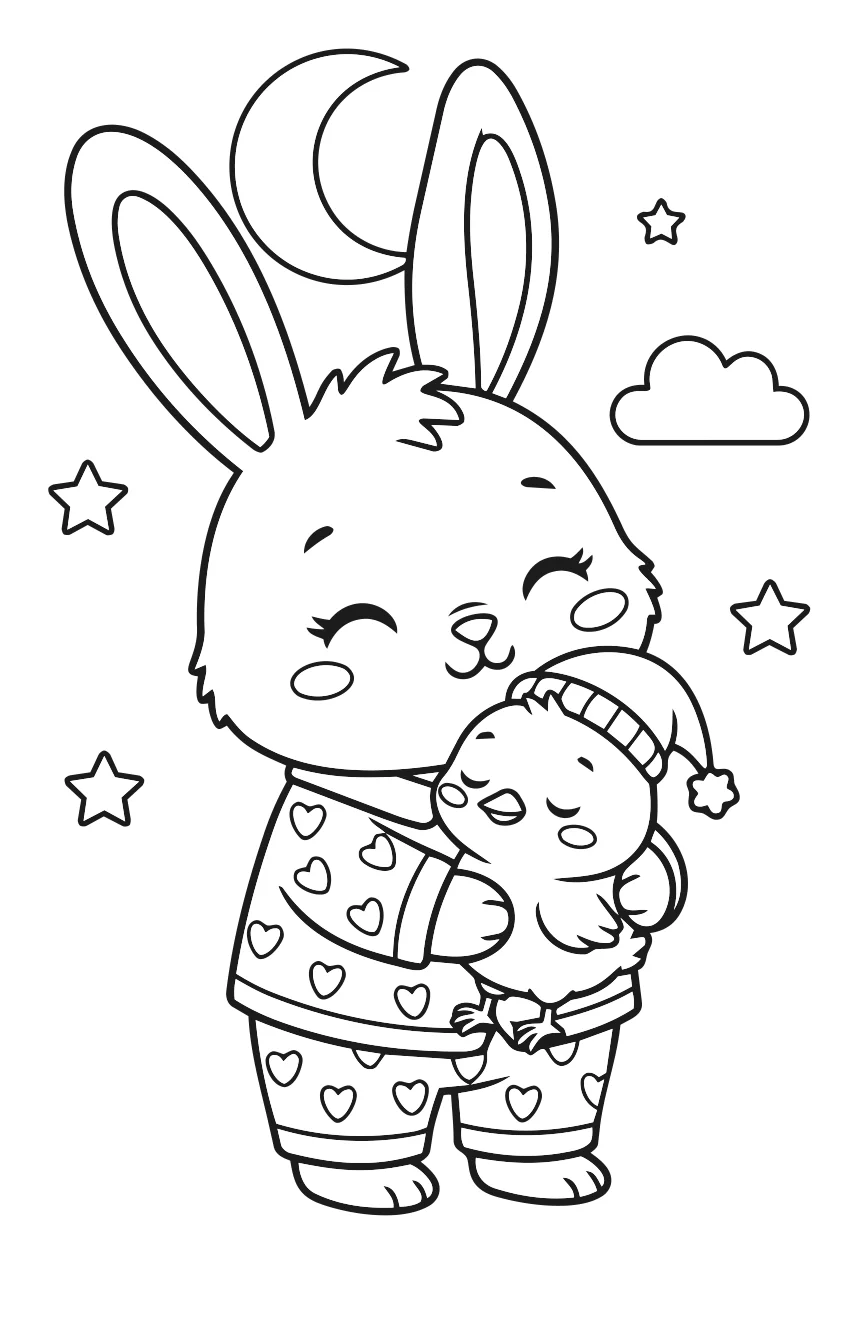 Bunny hugging a baby bunny — printable coloring page