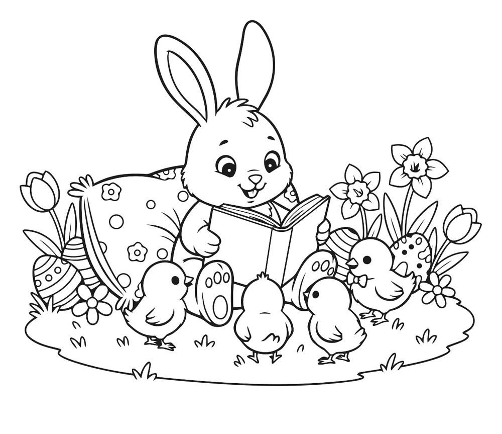 Coloriage lapin qui fait la lecture aux poussins à imprimer