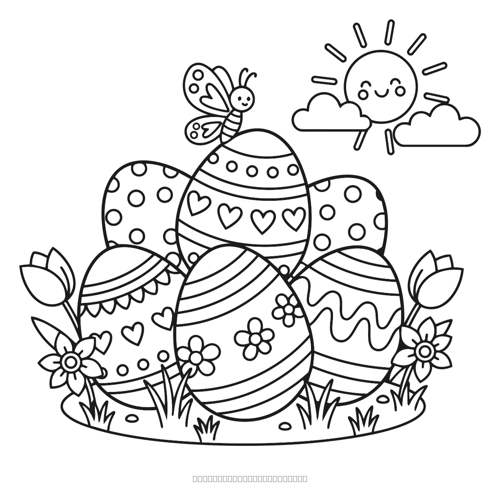Decorated Easter eggs in the sun — printable coloring page
