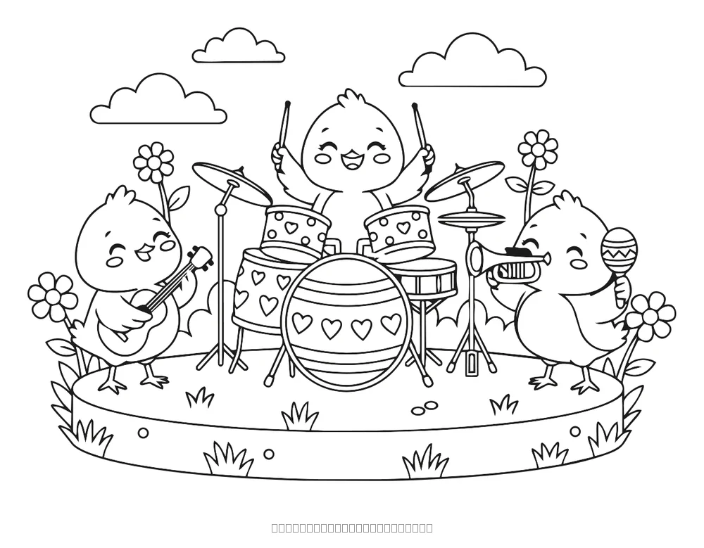 Easter chicks playing music — printable coloring page